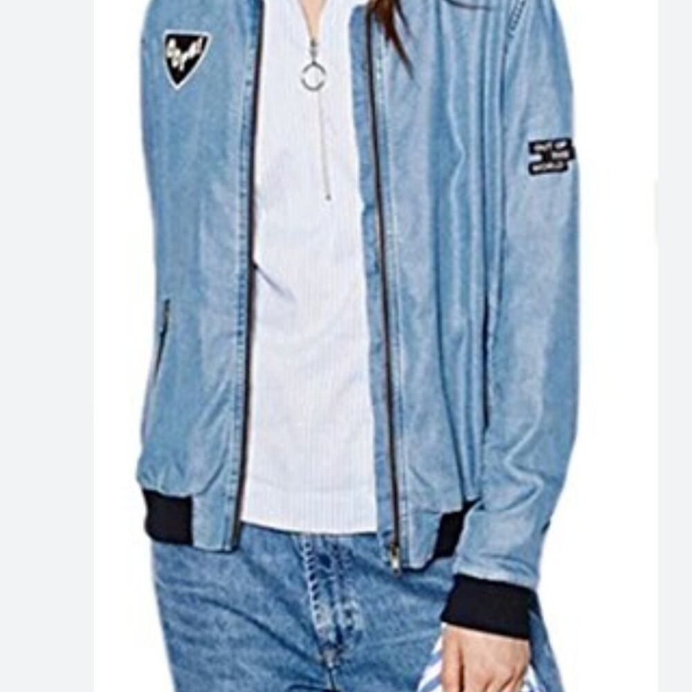 Zara Statement Wordy Urban Chambray Bomber Jacket Unisex Preppy Sz L‎